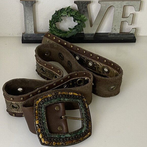 Handmade Brown Leather Statement Belt Semi Precious Stones Studs Up To Size 36 - Picture 8 of 16